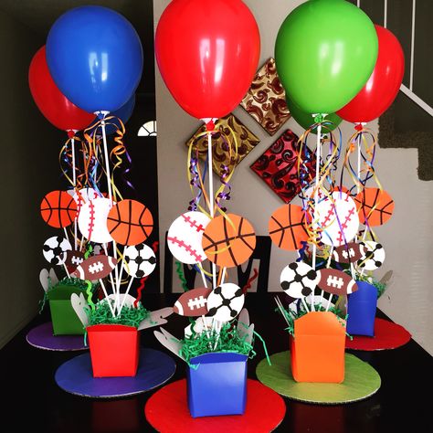 Sports theme centerpieces ! DIY! 1st birthday! Event Theme Ideas, Sports Party Centerpieces, Sports Centerpieces, Sports Party Decorations, Basketball Birthday Parties, Sports Baby Shower, Sports Theme Birthday, Ball Birthday Parties, Sports Birthday Party