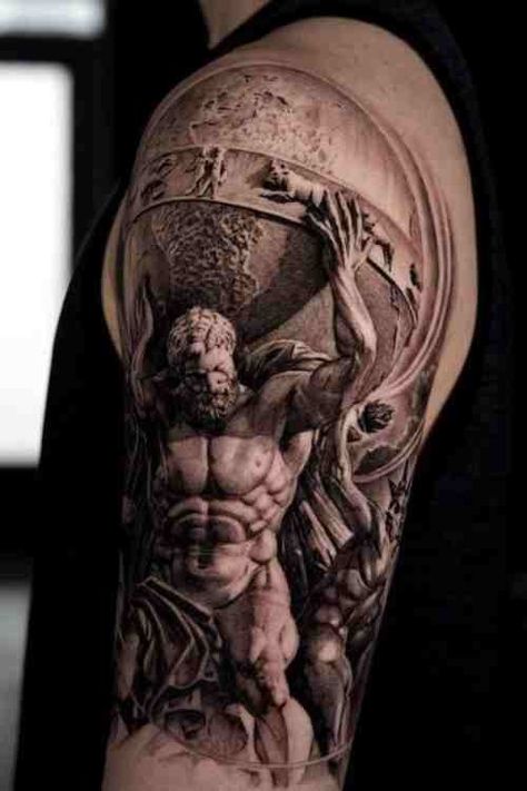 Greek Mythology Tattoo Ideas For Tattoo Lovers (With Examples!) - Tattoo Stylist Tumblr, Greek God Shoulder Tattoo, Colossus Of Rhodes Tattoo, Heracles Tattoo, Mythology Tattoos Greek, Mythology Tattoo Ideas, Greek Mythology Tattoo Ideas, Tattoos Greek, Hercules Tattoo