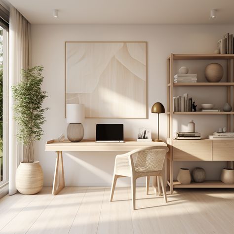 "Transform your workspace into a haven of calm with a modern Japandi-inspired home office. Embrace the blend of Japanese minimalism and Scandinavian functionality, creating a serene and organized environment. Infused with natural hues, sleek lines, and a touch of zen, this space invites focus and creativity. Elevate your work experience with the perfect balance of simplicity and elegance. 🌿🖋️ #JapandiHomeOffice #ZenWorkspace #SimplicityInDesign" Japanese Office Design, Scandinavian Office Design, Zen Home Office, Office Interior Design Creative, Japandi Home Office, Modern Home Office Ideas, Minimal Home Office, Zen Office, Open Living Room Design