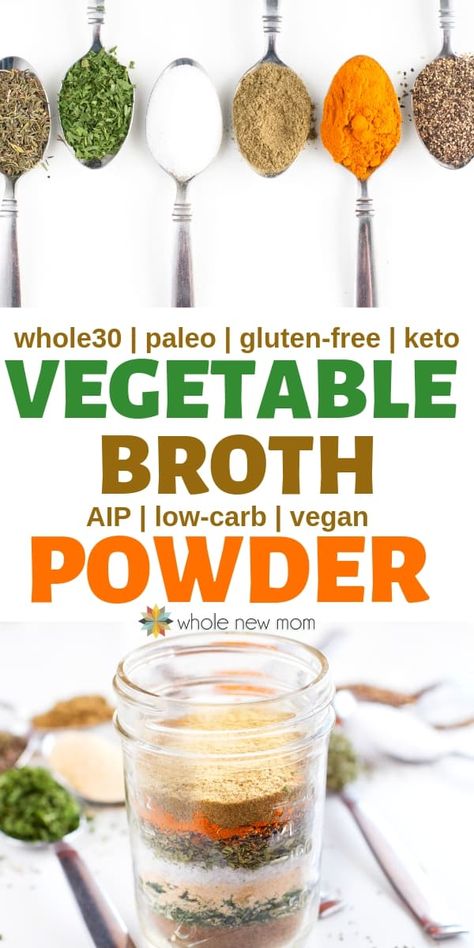 Don't have the chicken, beef, or vegetable broth you need for a recipe? This Homemade Vegetable Broth Powder is just what you need. Skip the toxins & fillers in store-bought broth mixes and make this instead. Makes a great all-purpose seasoning too! #paleo #whole30 #keto #glutenfree #THM #vegan Vegetable Broth Powder, Recipes With Vegetable Broth, Homemade Vegetable Broth, Homemade Dry Mixes, Homemade Spice Mix, Spice Blends Recipes, Whole30 Keto, Spice Mix Recipes, Homemade Spice Blends