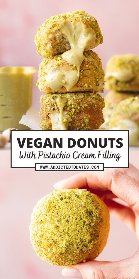 Unique Vegan Desserts, Pistachio Pastry, Donuts Filled, Vegan Baked Goods, Food Esthetics, Vegan Condensed Milk, Vegan Doughnuts, Vegan Pastries, Vegan Baking Recipes