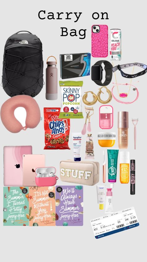 #airport#carryon#personalitem#preppy#basicwhitegirl#vibes#bag#northface#watch#phone#celcius#puravida#makeup#snacks#book Make Up, Snacks, Carry On Bag, Carry On, Energy, Makeup