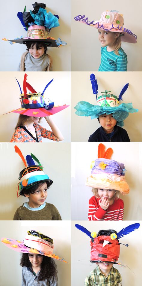 The task…to make a hat that you NEVER want to take off. The resulting hats? Totally hip! Cardboard Hats Diy, Make Your Own Hat Craft, Kids Hat Craft, Easy Hats To Make, Diy Silly Hat, Creative Hat Ideas, Hat Day Ideas, Hat Activities For Preschool, Imagination Hat