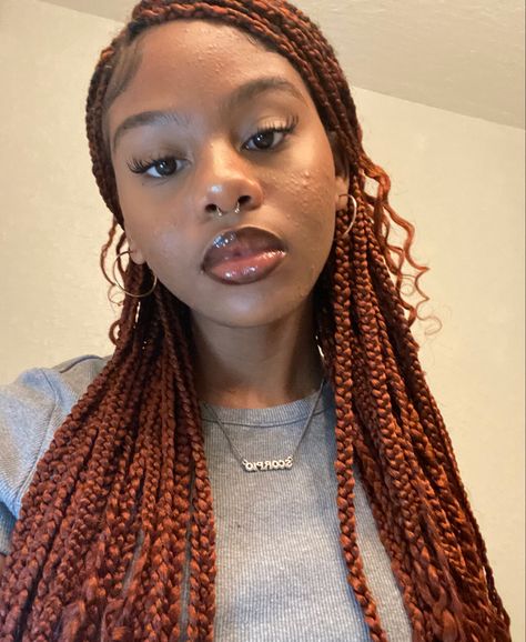 Red Ginger Box Braids, Ginger Ruby Braids, Goddess Braids With Color Red, Ginger Brown Box Braids, Ginger Red Knotless Braids, Maple Brown Box Braids, Ginger Red Braids For Black Women, Golden Brown Braids For Black Women, Box Braids Ginger Color