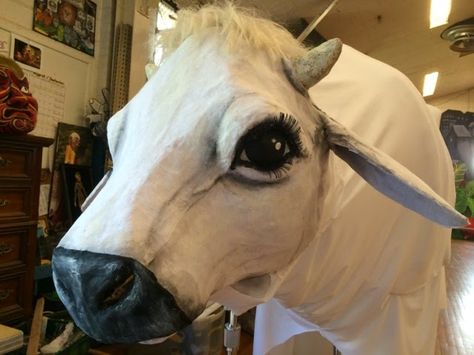 Milky White Puppet, Milky White Cow Into The Woods, How To Makw, Cow Mask, Bird Puppet, Wood Props, Puppet Costume, Cow Costume, Stage Props