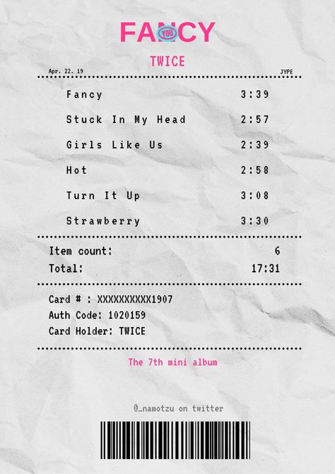 Receipt Template Aesthetic, Album Receipts Aesthetic, Receipts Aesthetic, Song Receipts, Twice Receipt, Aesthetic Receipt, Kpop Receipt, Receipt Aesthetic, Album Receipts