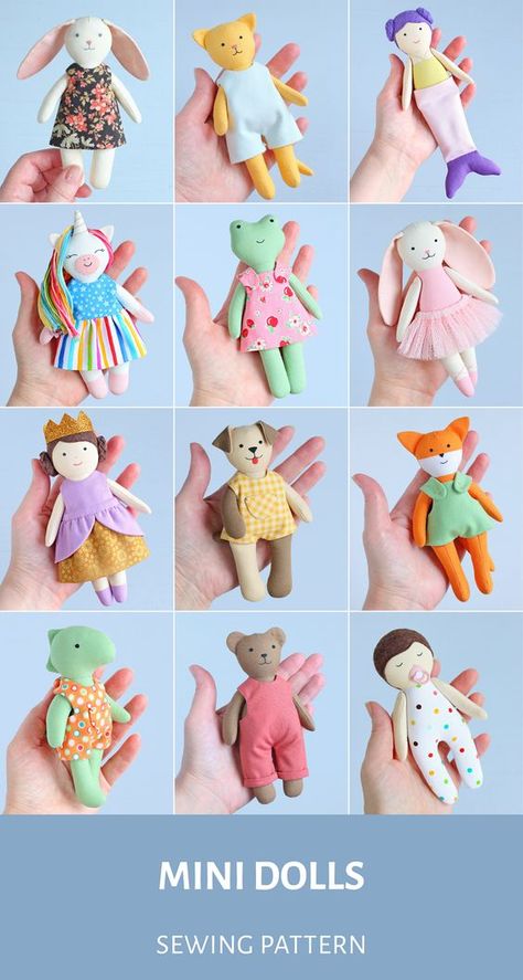 Sewing Easy Stuffed Animals, Mini Fabric Dolls Diy, Stuffed Kitten Pattern Sewing, Mini Animal Sewing Pattern, Easy Sewing Toys For Beginners, Diy Hand Sewn Stuffed Animals, Tiny Stuffed Animal Sewing Pattern, Mini Stuffed Animals Diy, Mini Doll Sewing Pattern Free