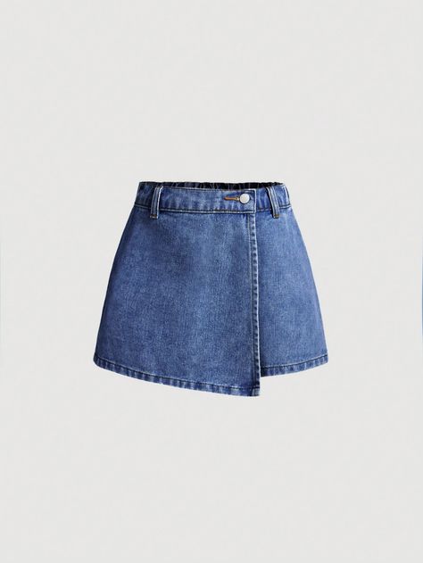 Tween Girl Denim Shorts With Asymmetrical Hemline, Belt Loops Design Dark Wash    Denim  Skort Non-Stretch  Tween Girls Clothing, size features are:Bust: ,Length: ,Sleeve Length: Jean Skort, Denim Skort, Girls Denim Shorts, Jupe Short, Girls Denim, Kids Sleepwear, Short En Jean, Dark Wash Denim, Girls Clothing