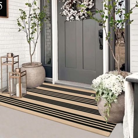 PRICES MAY VARY. Premium Cotton Material: Our outdoor rug are made of thick and sturdy cotton fabric. Using environmentally friendly and safe fabric, hand woven, without loose or curled edges, non fading Perfect Size for Hello Doormat: We have various sizes to choose from. The small washable rug can be perfectly placed on the front door as a welcome mat or used as a double-layer door mat. Easily add atmosphere and color to your porch Easy to Clean: Just vacuum or shake our porch rug to keep it c Rug Under Welcome Mat, Blue House Porch Decor, Double Door Entryway Rug, Outdoor Front Door Decor, Entry Mat Outdoor, Layering Front Door Mats, Front Door Mats Layered, Townhouse Front Door, Tiny Front Porch Ideas