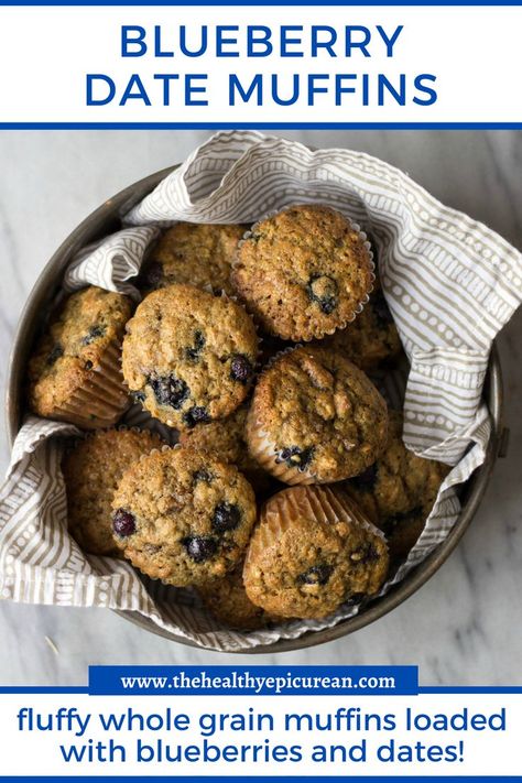 An overhead container of blueberry date muffins Date Muffins, Almond Muffins, Baby Meals, Dark Brown Sugar, Berry Muffins, Blueberry Oatmeal, Date Recipes, Healthy Sugar, Pure Vanilla