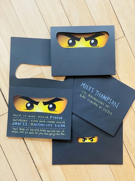 I printed a bunch of different size eye stickers to use on invites and party favors for a ninjago theme birthday party. Using the eye sticker, I made a slightly smaller template to trace on the front of the card. Cut it out, held the sticker behind the opening to carefully place in the correct position on the inside cover. Then used a white and yellow sharpie paint marker to write the party details. Lego Ninjago Party Ideas, Ninjago Themed Birthday Party, Ninjago Birthday Party Decorations, Ninjago Birthday Party Invitations, Lego Ninjago Party Games, Ninjago Party Invitations, Ninjago Party Ideas, Ninjago Invitations Templates, Ninjago Birthday Invite