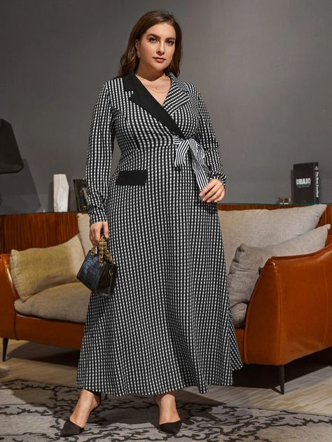 Plus Lapel Collar Wrap Knot Plaid Dress | SHEIN USA Big Belly Outfits, Big Belly Outfits Plus Size, Baby Reflexology, Modest Maxi Dress, Modest Maxi, Short Gowns, Long Shirt Dress, Type 4, Petite Outfits