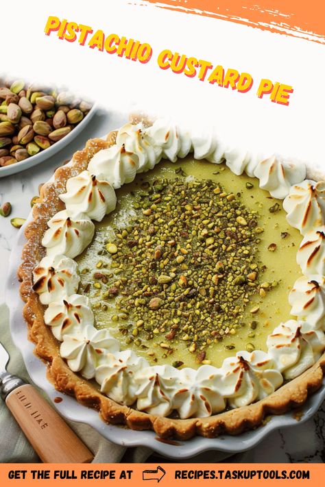 Delight in the creamy elegance of Pistachio Custard Pie. This recipe combines the smoothness of custard with the nutty richness of pistachios, creating a dessert that's both sophisticated and indulgent. Perfect for special occasions or a luxurious treat at home, this pie boasts a buttery crust that complements the velvety filling. Discover the simple yet refined steps to craft this eye-catching dessert that promises to impress family and friends with its unique flavor and beautiful presentation. Save and share this recipe Pistachio Custard Pie, Pistachio Cream Pie, Pistachio Custard, Unique Pie Recipes, Pistachio Pie, Custard Pie Recipe, Unique Pies, Pie Crust Dough, Pistachio Cream