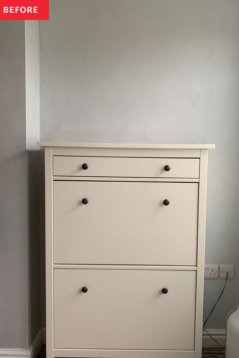 See a plain white IKEA HEMNES shoe cabinet transform into a patterned entryway piece thanks to a stencil & paint. Ivar Nursery, Ikea Headboard Hack, Ikea Hemnes Shoe, Ikea Hemnes Shoe Cabinet, Hemnes Shoe Cabinet, Ikea Shoe Cabinet, Sallys Baking, Ikea Shoe, Stencil Paint