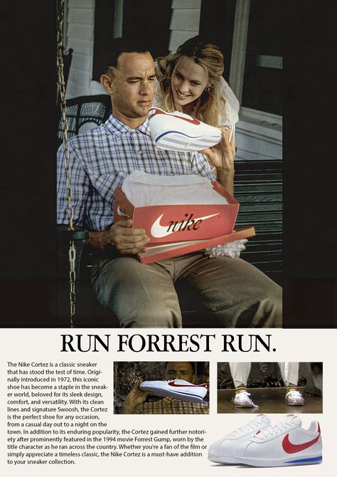 Vintage Nike Cortez Poster: Forrest Gump Edition Forrest Gump Nike Cortez, Vintage Nike Poster, Cortez Poster, Nike Cortez Forrest Gump, Forrest Gump Shoes, Advertising Poster Design, Nike Poster, Nike Ad, Forest Gump