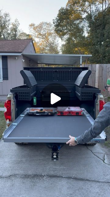 Travis Collins on Instagram: "ADAPT + CargoGlide = Swiss Army Truck. All USA made to boot!  These @chandlertruckaccessories ADAPT aluminum toolboxes are the most modular and adaptable toolboxes I've seen. Molle panels on the lids and side boxes. L-track mounting on the inside and outside for accessories. Lots more coming as I set these up with tools.  @deckedusa CargoGlide with a 2,200 lbs load limit and 100% extension makes full use of the truck bed.  @toyotausa 2015 Tundra TRD PRO crewmax setup  #worktruck #toolbox #cargoglide #chandlertruckaccessories #decked #construction #contractor #tools #stacktech #packout" Work Truck Setup, Truck Tool Box Ideas, Contractor Tools, Work Truck Organization, Work Truck Storage, Truck Bed Tool Boxes, Truck Bed Organization, Truck Organization, Tundra Trd Pro