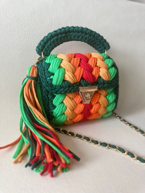 Multi Color Bag/Capri Bag, Hand Woven Crossbody Bag/Handmade Bag /Crochet Bag/Knitted Bag/Colorful Bag/Shoulder Bag/Luxury Bag/Women's Bag by LinabagsShop on Etsy Purse Patterns Free, Multi Colored Bag, Crochet Purse Pattern Free, Yarn Bag, Crochet Purse Patterns, Colorful Bags, Handbag Patterns, Handmade Handbags, T Shirt Yarn