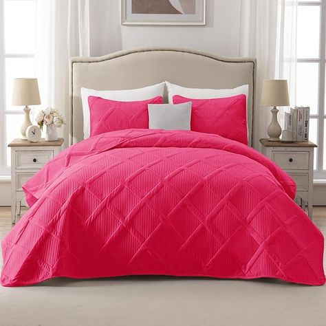 Exclusivo Mezcla Ultrasonic Quilt Set Full Queen Size, 3 Pieces Hot Pink Queen Quilt (90"x96") with 2 Pillow Shams, Lightweight Bedspreads Modern Striped Coverlet Set for All Seasons King Quilt Bedding, California King Quilts, King Size Quilt Sets, Tan Walls, King Quilt Sets, Twin Quilt Size, Pink Quilts, Queen Size Quilt, King Size Quilt