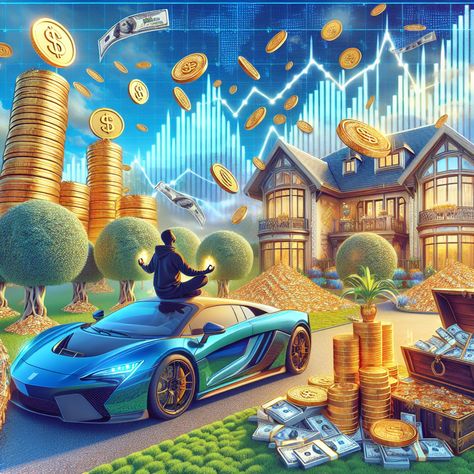 "Experience the epitome of prosperity with this visual portrayal of wealth manifestation. It blends symbols of prosperity like gold coins, money trees, a majestic mansion, luxury sports car, successful stock market graph, and treasure chests. The centerpiece is a person meditating atop a cash pile, visualizing their financial triumph. #wealthmanifestation #prosperity #luxury #success #finance #abundance. Learn more about wealth manifestation [Link]." Stock Market Success, Person Meditating, Gold Coins Money, Stock Market Graph, Infinity Symbol Design, Star Seed, Treasure Chests, Wealth Manifestation, Mens Gemstone Rings