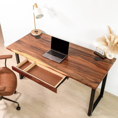 Walnut Computer Desk, Live Edge Desk, Computer Stand For Desk, Desk With Drawer, Walnut Live Edge, Computer Desks For Home, Wood Computer Desk, Study Sessions, Functional Desk