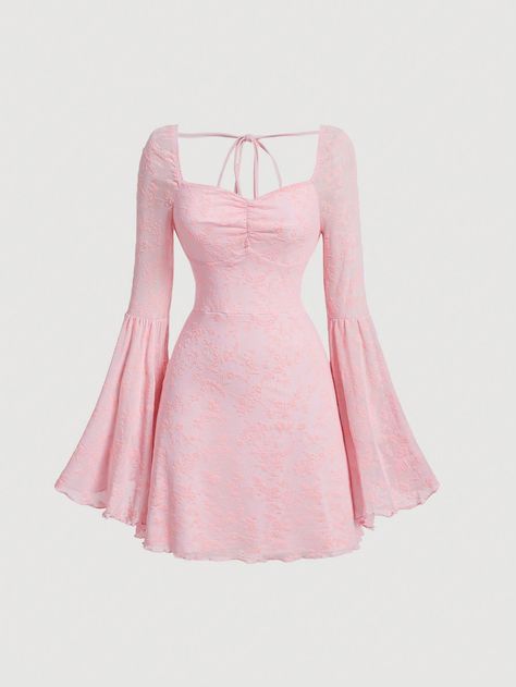 Women's Solid Color Pleated Long Sleeve Dress With Sweetheart Neckline, Summer Pink Dress Pink Boho  Extra-Long Sleeve Knitted Fabric Plain A Line Medium Stretch  Women Clothing, size features are:Bust: ,Length: ,Sleeve Length: Light Pink Dress Long Sleeve, Hoco Dresses With Long Sleeves, Cute Pink Outfits For Birthday, Cute Short Pink Dress, Pink Dresses Coquette, Pink Dresses Sweet 16, Pink Clothes Drawing, Coquette Formal Dress, Pink Short Dress Outfit