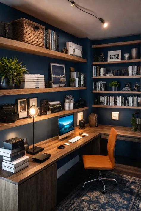 Multifunctional living room Small Long Office, Hall Office Ideas, Navy Home Office Ideas, Office Set Up In Living Room, Home Office Ideas Bookshelves, Loft Room Office Ideas, Home Office With Shelves, His And Hers Office Space Home, Desk In Small Room