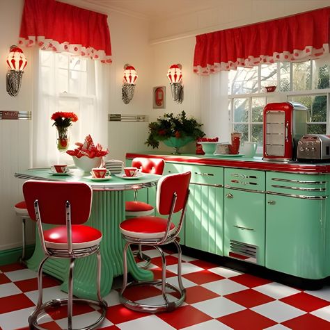 50s Diner Kitchen, 50s Interior, Awesome Kitchens, Wasteland Baby, Vintage Rooms, Diner Kitchen, 50s Home, 50s House, Cozy Kitchens