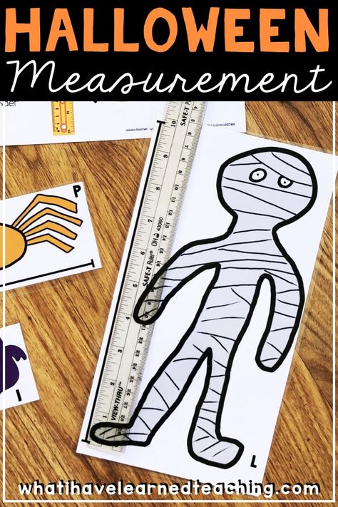 Have some fun measuring a variety of Halloween creatures with this FREE Halloween Measurement Math Resource.  It makes a great math center during the month of October and reinforces centimeter and inch measurement processes. #measurement #halloweenmath #math #measuringwitharuler #halloweenfun #freemathresources via @whatilearned Halloween Math Activities 1st Grade, Halloween Math Craft First Grade, Halloween Measurement, Halloween Measuring Activities, Measurement Games 2nd Grade, Math Provocations, Math Measurement Activities, Halloween Math Stations, Prek Centers