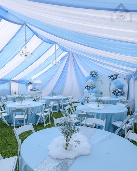 30x40 Tent and Drapes for Baby Rico’s Baby Shower 💙 . Rentals : 30x40 tent and drapes with silver chandeliers Candy Cart with Silver Dessert Stands and Balloons Arch Walls with Balloons and Custom Vinyl Sign Round tables with tablecloth and white padded chairs . Client provided table decor 💙 . #tent #draping #babyshower #blue #white #party #rentals Tent Draping, Baby Shower Chair, Dessert Stands, Balloons Arch, Round Table Decor, Round Table And Chairs, Handrail Design, Tent Set Up, Blue Drapes