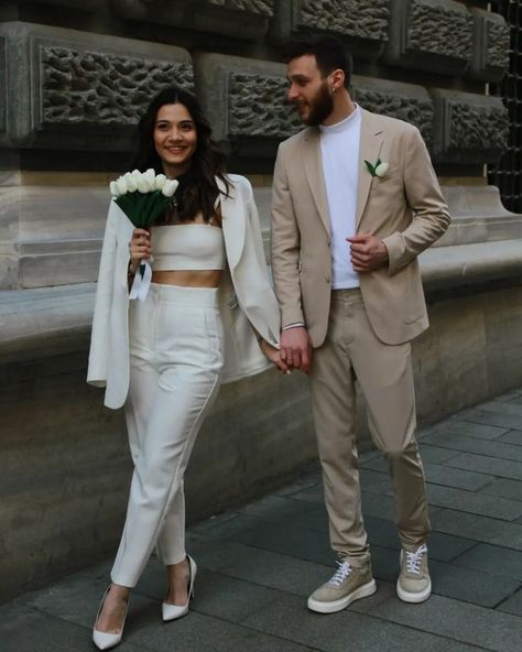 Wedding Dresses Civil Ceremony Simple, Civil Wedding Suits Men, Casual Bride And Groom Outfits, Groom Simple Outfit, Courthouse Wedding Suit Grooms, Casual Civil Wedding Outfit, Civil Wedding Groom Outfit, Courthouse Wedding Outfit Casual, Civil Wedding Dress Courts Brides