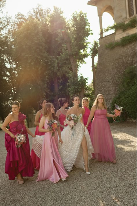 Valentines Bridesmaid Dresses, Boujee Bridesmaid Dresses, Mismatched Shades Of Pink Bridesmaid Dresses, Red Pink Green Bridesmaids, Multicolored Pink Bridesmaids Dresses, Jones New York Outfits, Bridesmaids Colorful Dresses, Bridal Party Pink Dresses, Pink Shades Bridesmaids