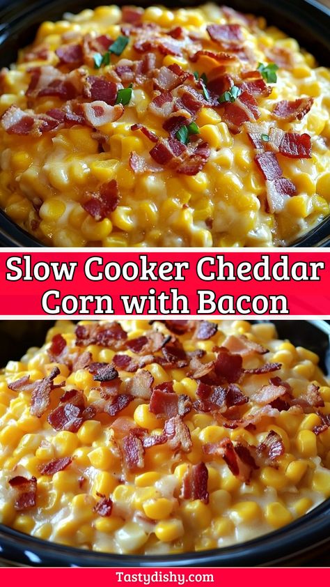 Slow Cooker Cheddar Corn with Bacon Slow Cooker Cheddar Corn And Bacon, Slow Cooker Creamed Corn With Bacon, Bacon Corn Cheese, Corn In Crockpot Recipe, Slow Cooker Cheddar Corn Recipe, Cream Cheese Corn Crockpot Easy Recipes, Family Gathering Side Dishes, Crockpot Cheddar Corn, Cheddar Bacon Corn