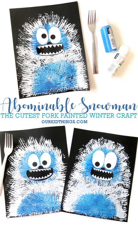 Abominable Snowman Fork Painted Craft - Our Kid Things Fun Winter Crafts For Preschoolers, January Arts And Crafts For Kids Easy, Activities For January For Kids, Christmas Kid Art Projects, Artic Crafts Preschool, Make Believe Crafts For Preschool, Winter Educational Activities For Kids, January Ideas For Kids, Winter Preschool Art Projects