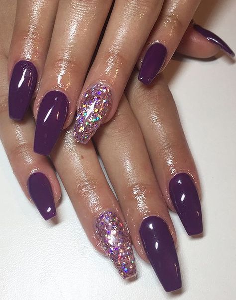 Fall Purple Nails With Glitter, Eggplant Nails Acrylic, Nails For Purple Outfit, October Nails Ideas Purple, Dark Purple And Lavender Nails, Dark Purple Ballerina Nails, Purple Rose Gold Nails, Rose Gold And Purple Nails, Dark Purple And Silver Nails Acrylic