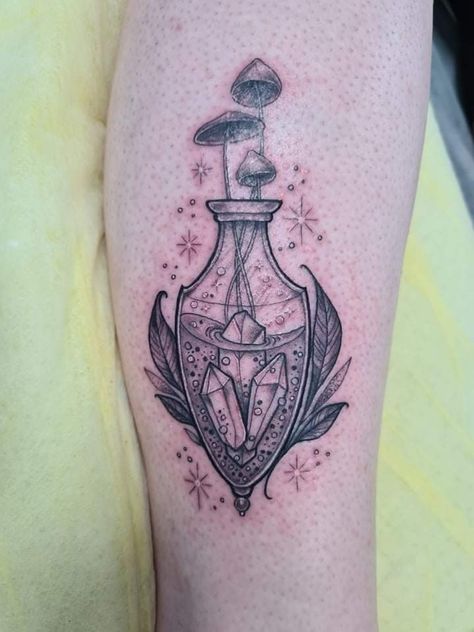 Crystal Mushroom Tattoo, Witchy Potion Bottle Tattoo, Mushroom In A Bottle Tattoo, Potion Bottle Tattoo Magic, Mushroom Potion Bottle Tattoo, Tiny Potion Bottle Tattoo, Simple Potion Bottle Tattoo Design, Crystal Tattoo, Bottle Tattoo