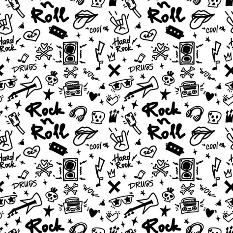 Rock n Roll seamless pattern. Black-white print for textiles, backgrounds, printing. Grunge style, hand lettered, vector illustration. Rock N Roll Illustration, Rock And Roll Background, Rock And Roll Illustration, Rock Drawing Ideas, Rock And Roll Logo, Grunge Patterns, Punk Pattern, Rock Drawing, Rock Baby Clothes