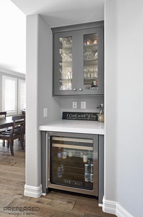 Fridge Area Ideas, Beverage Fridge Next To Fridge, Small Bar Station, Small Minibar Ideas, Kitchen Mini Fridge, Small Dry Bar Nook, Beverage Station With Wine Fridge, Kitchen Island With Bar Fridge, Kitchen With Beverage Fridge