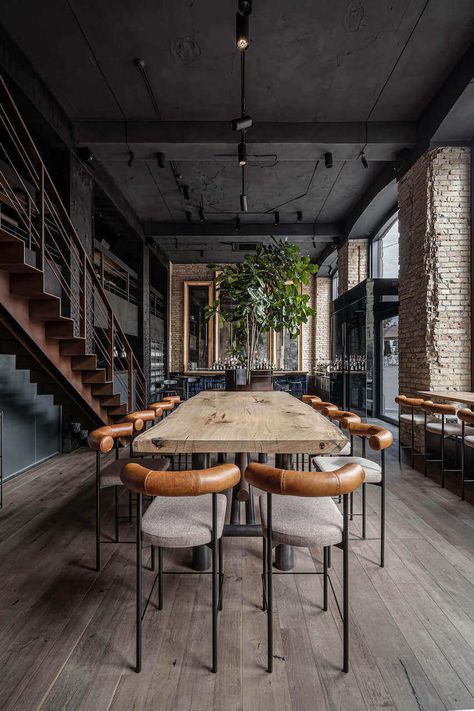 Steel Cladding, Wooden Countertops, Industrial Restaurant, Communal Table, Loft Interior, Industrial Interior Design, Bar Interior, Style Deco, Exposed Brick