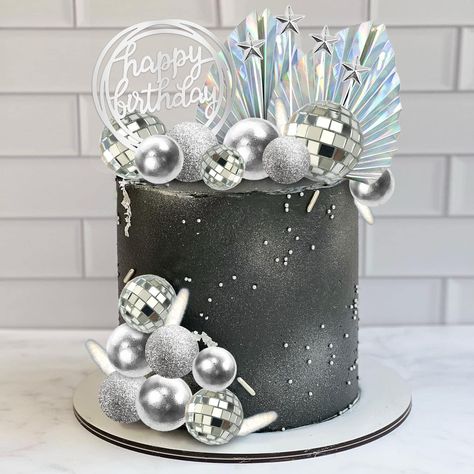 Mirror Ball Birthday Cake, Metallic Cake Birthday, Metallic Birthday Cake, Disco Sheet Cake, Black Disco Cake, Cake Silver Birthday, Glitz And Glam Cake Ideas, Disco Ball Cake Topper, Silver Cake Ideas Birthdays