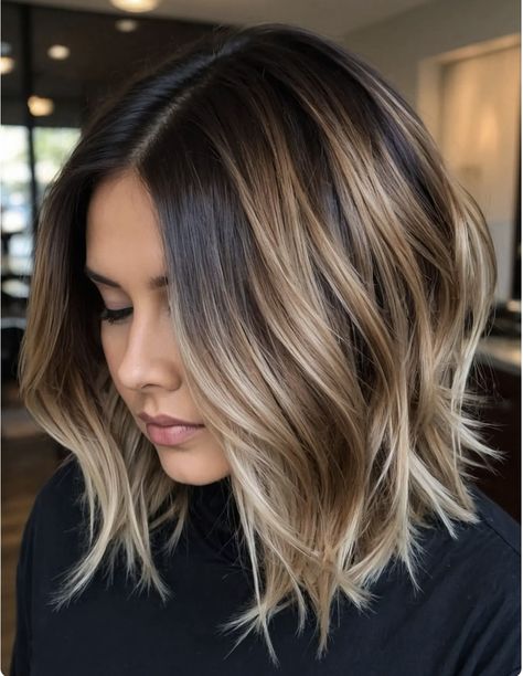 Short Hair Ombre Brunette, Hair Color Ideas To Hide Gray Roots, Medium Hair Colours Ideas, Bob Haircut With Balayage, Light Hair Colors For Brunettes, Rebecca Jarvis Hair, Bronze Lob Hair, Dark Hair With Blonde Dimension, Light Brown Hair With Highlights Curtain Bangs