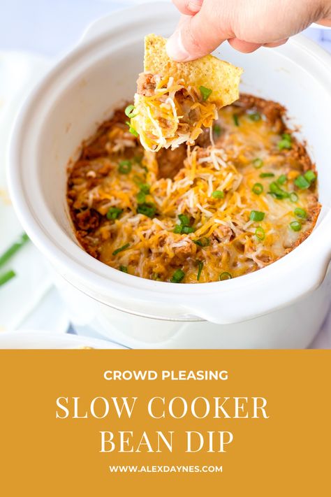 Slow Cooker Bean Dip - Alex Daynes Refried Beans Slow Cooker, Bean Dip Appetizer, Bean Dip Recipes Refried, Taco Bean Dip, Warm Bean Dip, Slow Cooker Dips, Gameday Food, Refried Bean Dip, Layered Bean Dip