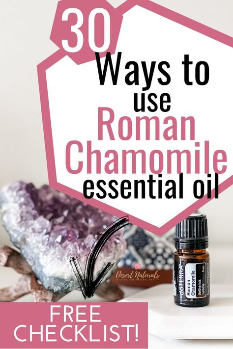 amethyst crystal and bottle of doterra roman chamomile essential oil with text. Chamomile Oil Benefits, Chamomile Essential Oil Benefits, Roman Chamomile Essential Oil, Roller Bottle Recipes, Floral Essential Oils, Oils For Sleep, How To Calm Nerves, Essential Oils Guide, Essential Oils For Sleep