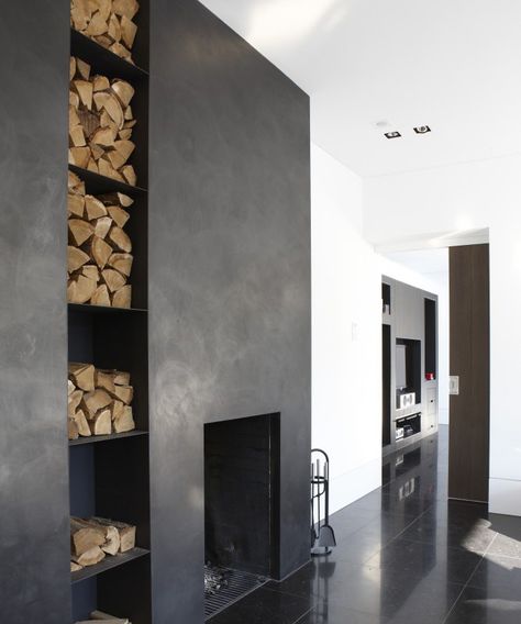 Design Camino, Minimalistic Interior, Black Fireplace, Small Fireplace, Concrete Fireplace, Hemma Diy, Firewood Storage, Interior Minimalista, Hus Inspiration