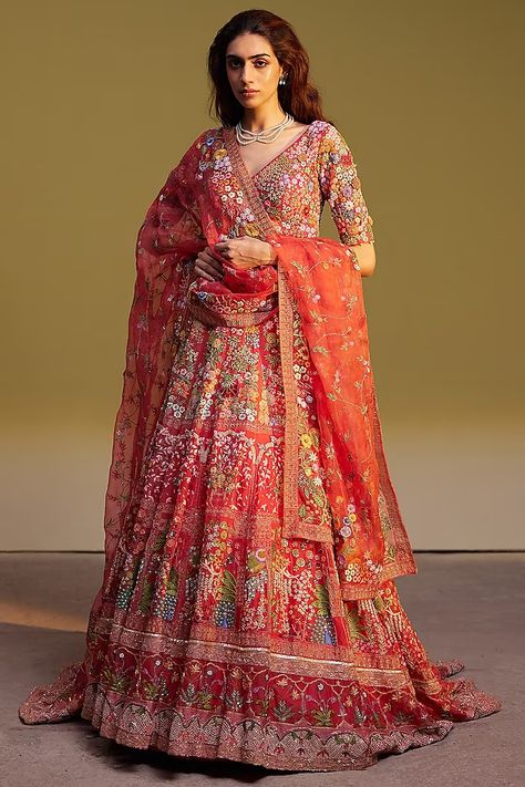 Coral Sequins Viscose Embroidered Lehenga Set Design by Rahul Mishra at Pernia's Pop Up Shop 2023 Rahul Mishra Lehenga, Mishra Lehenga, Indian Wedding Outfit Bride, Rahul Mishra, Fashion Show Dresses, Viscose Blouse, Magic Dress, Embroidered Lehenga, Fitted Blouses