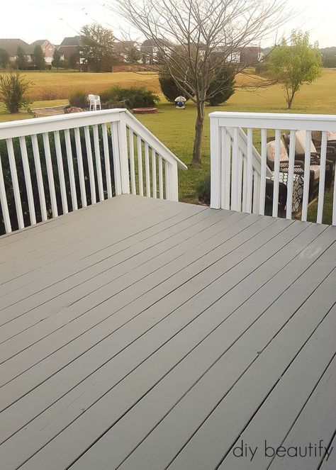 Don't replace your deck, update it with DeckOver paint! I'm sharing a full tutorial and review at DIY beautify! Grey Deck Paint, Exterior Remodel Before And After, Deck Paint Colors, Deck Over Concrete, Paint Deck, Outdoor Deck Decorating, Grey Deck, Deck Stain Colors, Floor Paint Colors