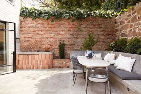 A Once Dark 1880s Terrace, Now Fuss-Free Family Home Deck Layout Ideas, Australian Formal, Built In Garden Seating, Parisian Cottage, Brick Courtyard, Terrace Home, Australian Garden Design, Deck Layout, Contemporary Lounge