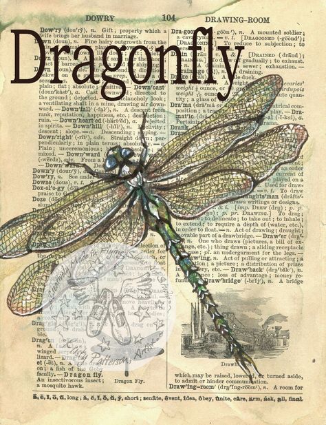 Mixed Media Drawing, Old Book Crafts, Media Drawing, Etiquette Vintage, Shoes Art, Newspaper Art, Book Page Art, Dictionary Page, Dragonfly Art