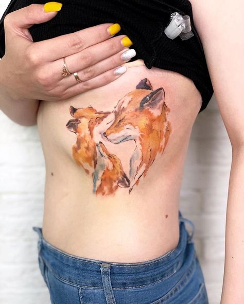 Fox And Kits Tattoo, 2 Foxes Tattoo, Mama Fox Tattoo, Fox Mom Tattoo, Mother Fox Tattoo, Fox Family Tattoo, Fox Flower Tattoo, Fox And Wolf Tattoo, Foxes Tattoo