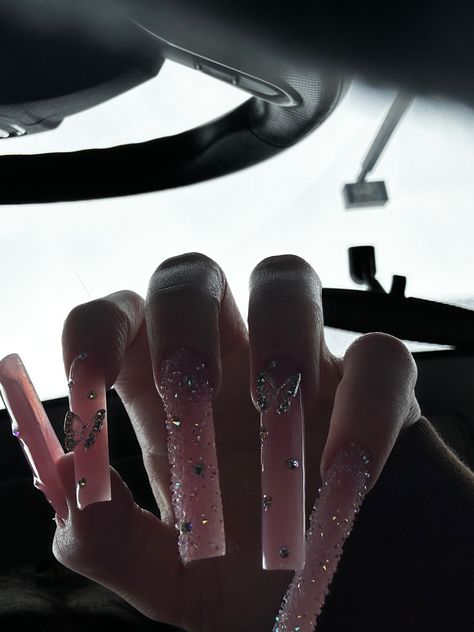 Xl Glitter Acrylic Nails, Black Nails With Pink Rhinestones, Pixie Crystals Nails, Baddie Nails Gems, Pixie Nails Crystal, Pink Pixie Nails, 17 Birthday Nails Acrylic, Long Pink Acrylic Nails With Diamonds, Long Girly Nails