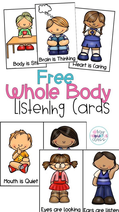 Whole Body Listening is a great way to teach kids classroom expectations. It provides studenst with visuals to support them throughtout the day. You can these whole body listening cards free on my blog. Perfect for Kindergarten Classroom, Preschool Classroom, and 1st grade Classroom. Get additional tips for classroom management. Positive Bheavior Management. Positive Reinforcement Kindergarten, Whole Body Listening Activities Preschool, What My Body Can Do Preschool, Kindergarten Classroom Visuals, How To Get Preschool Class To Listen, Prek Classroom Visuals, Behavior Cards For Classroom, Classroom Management Visuals, Getting Kindergarteners To Listen